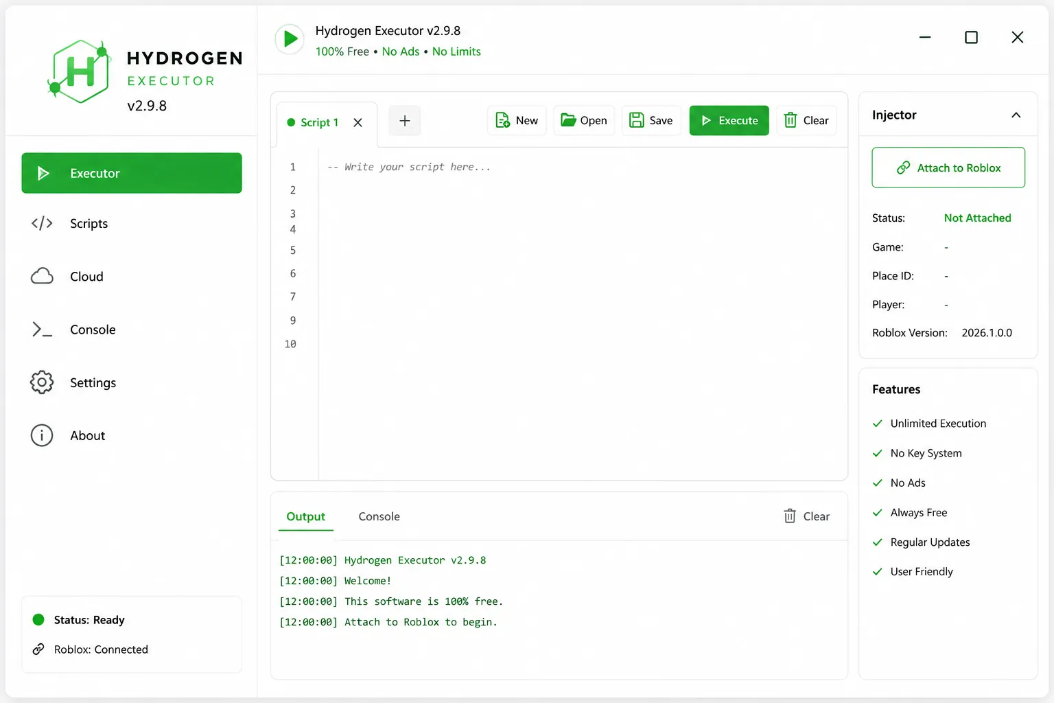 Hydrogen Executor v2.9.8 — script editor with injector panel and Roblox game status
